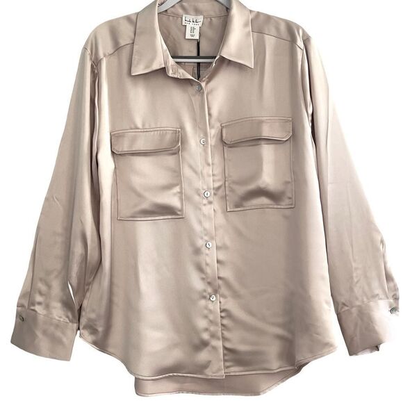 Nicole Miller Satin long sleeve Shirt with flap pockets on Chest SZ:Med Taupe - Picture 2 of 10